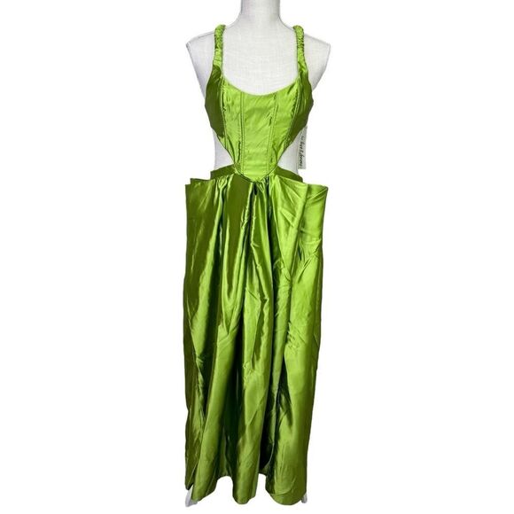 NEW For Love and Lemons Virginia Exaggerated Pleated Cutout Maxi Dress Green Med - Picture 4 of 10